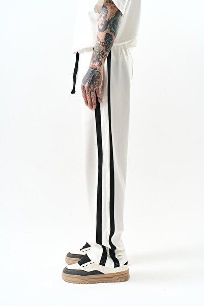 Respire Men's 2-Piece Stripe Detailed Interlock Baggy Sweatpants Ecru