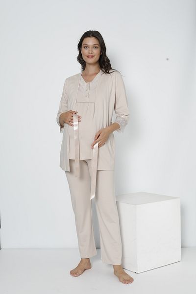 Miss Dünya Lissa Lace Detailed Maternity and Postpartum Pajama Set with Dressing Gown Suitable for Breastfeeding
