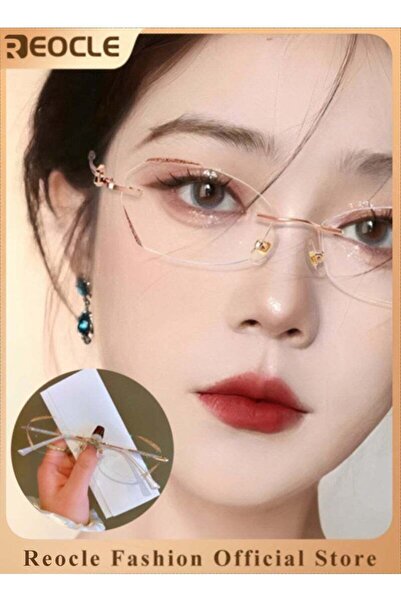 REOCLE Women's Rimless Reading Glasses Frameless Metal Fashion Diamond Cut Ed...
