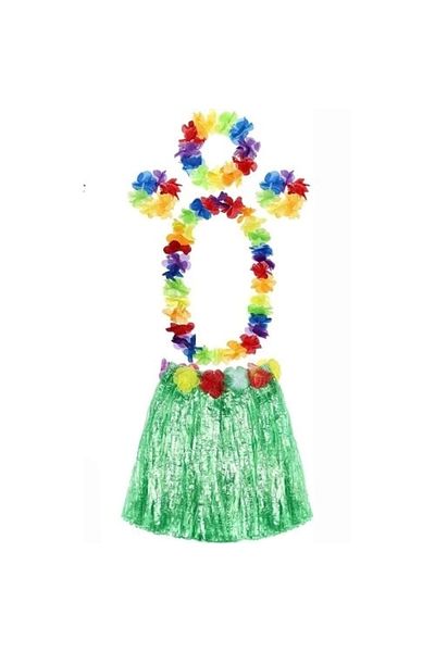 PRATİKOBA ADULT AND KIDS COMPATIBLE LUAU ALOHA HAWAII GREEN SKIRT AND COLORFUL NECKLACE CROWN 2 PCS BRACELET SET