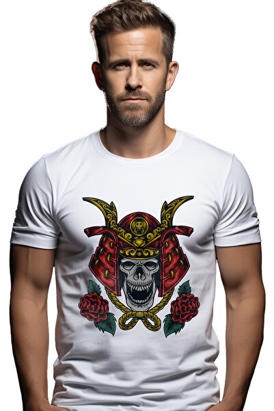 StoryGift Romania Tricou Barbati Cu Craniu, Casca, Samurai, Floare, Frunze, Monstru, Cu Imprimeu Pe Fata, 1 Stg
