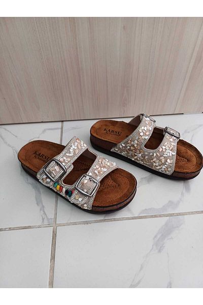 soElite Orthopedic Sole Stone Bead Embroidered Double Buckle Sea Pool Beach Daily Women's Slippers