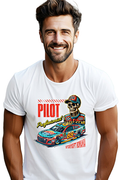 StoryGift Romania Tricou Barbati Pilot Profesionist Masina De Curse Schelete Cu Imprimeu Pe Fata, 100% Bumb Stg