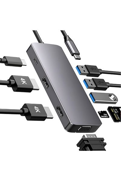 Velixo Hub USB-C 9 în 1, 2x HDMI 4K, VGA, 3x USB 3.0, PD 87W, cititor SD/TF, pentru laptop/MacBook/tabletă, gri