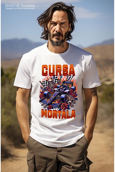 StoryGift Romania Tricou Barbati Cursa Mortala Schelete Campion Formula 1 Viteza Cu Imprimeu Pe Fata, 100% Bstg