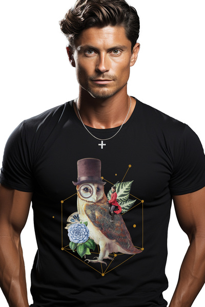 StoryGift Romania Tricou bărbătesc cu bufniță, figuri geometrice, flori, pălă...