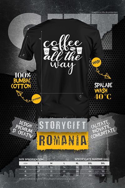StoryGift Romania Tricou Barbati pentru cei care iubesc cafeaua cu mesajul "Coffee all the way" - pana la ca STG