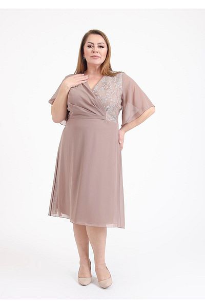 LİLAS XXL Plus Size Cream Colored Double Breasted Collar Chiffon Evening Dress