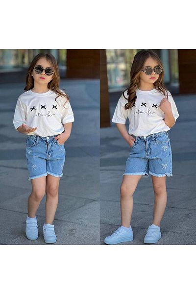 ARBİ kids Girl's Ribbon Stone Denim Shorts Double Stylish Set