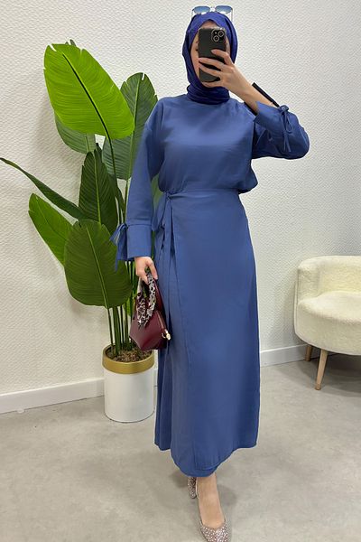 Tesettür Diyarı Women's Hijab Clothing Side Tie Detailed Skirt Shirt Set - Indigo
