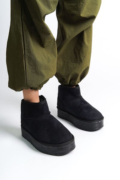 Zerenyus Κοντές γυναικείες μπότες Amelia Laceless Thick Sole με Γούνα Εσωτερικά - Suede Black
