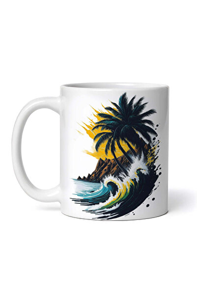 OEM Cană albă personalizată, Palmieri loviți de valuri, INOVATIX®. 330ml