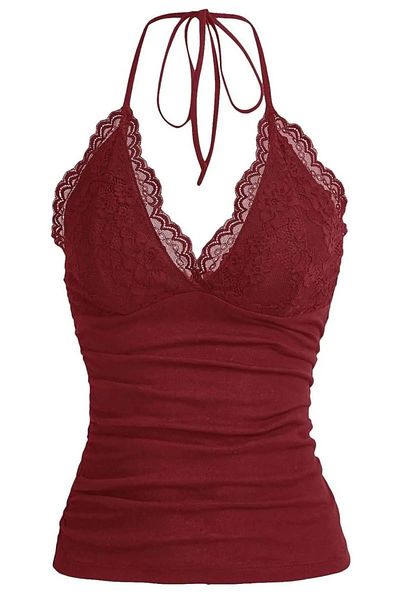1blood Burgundy Lace V Neck Gothic Neck Tie up Full Body Crop