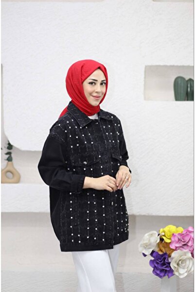 Suede Style 5446 - Lazer Detaylı Taşlı Şık Kadın Kot Ceket