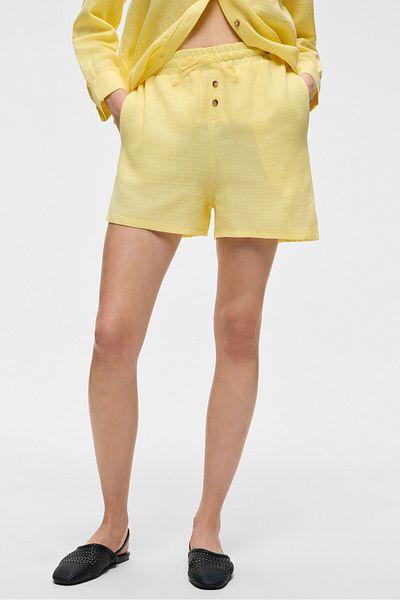 GRIMELANGE Dens Women's 100% Cotton Muslin Fabric Relaxed Cut Yellow Shorts with Buttons and Pockets on the Front