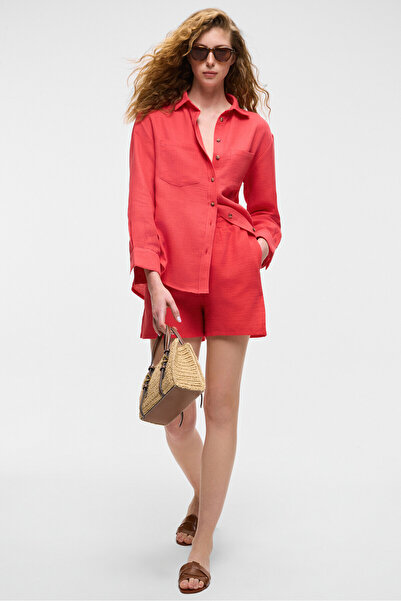 GRIMELANGE Dens Kadın %100 Pamuk Muslin Kumaş Rahat Kesim Önü Düğmeli Ve Cepli Nar Çiçeği Şort