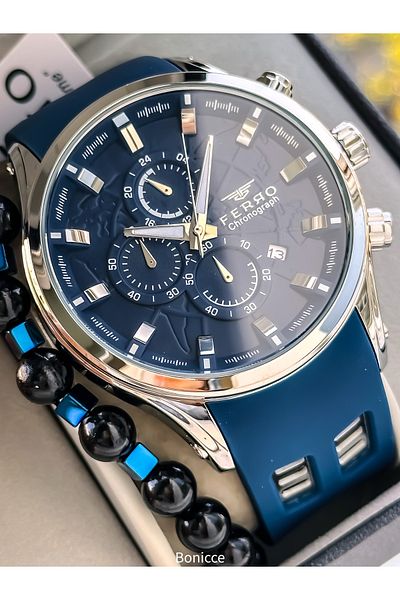 FERRO Sports Men's Watch, Active Functions, Navy Blue Silicone, with Calendar, Bracelet Gift