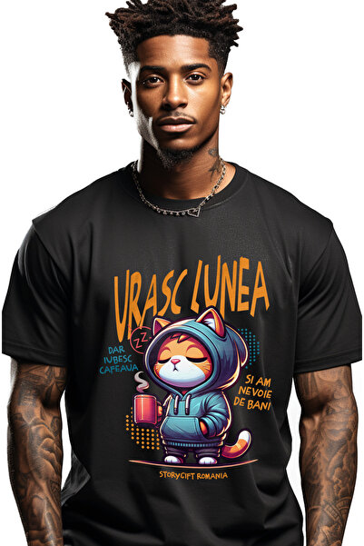 StoryGift Romania Tricou Barbati Pisica cu Hanorac Si Cana De Cafea Text Haio...