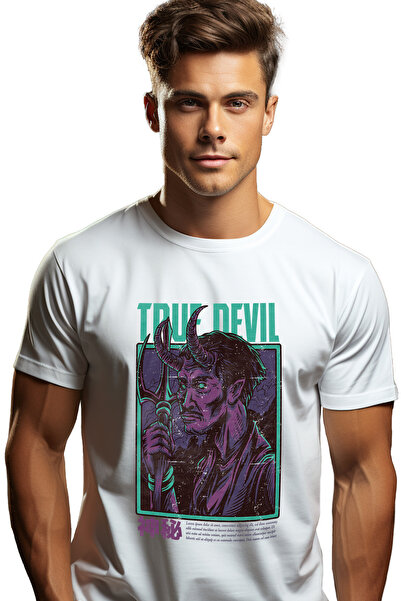 StoryGift Romania Tricou bărbătesc cu text în engleză True Devil, violet monstru față umană cu coarne, diavol Stylestg