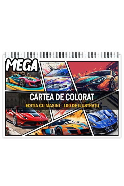 Legendary Gifts Mega carte de colorat antistres, 100 de ilustrații cu mașini, 206 pagini, format: A4,