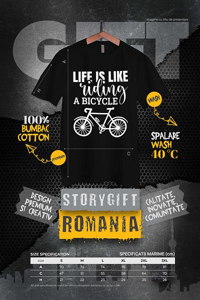StoryGift Romania Men's T-shirt with a bicycle for cycling enthusiasts with a message in English with STG print