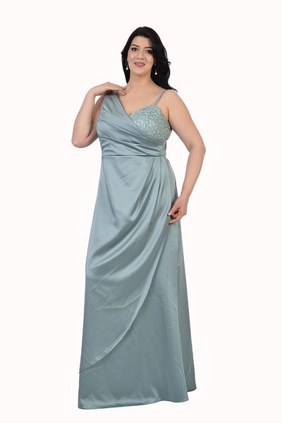 LİLAS XXL Plus Size Mint Green Colored Satin Long Evening Dress