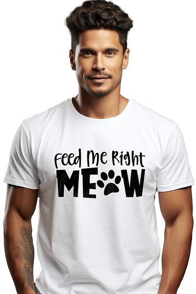 StoryGift Romania Men's T-shirt for cat lovers with the text "Feed me right meow" - feed me now STG