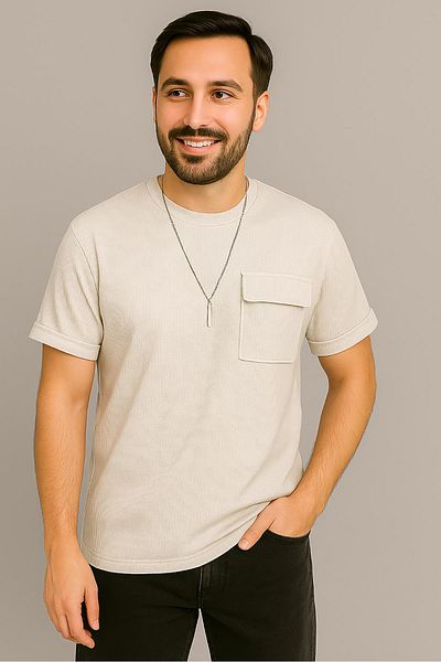 WAFRA Men's Tshirt Necklace-Pocket Seersucker Lycra Fabric (Slim Fit)