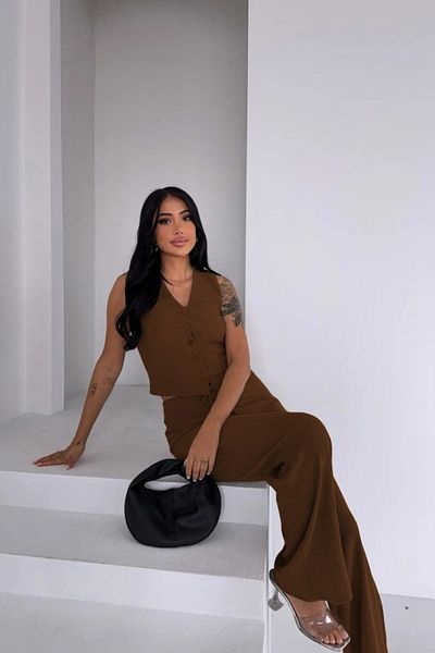 Siner Fashion Women's Brown Vest High Waist Trousers Summer Suit
