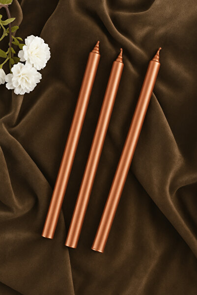 TR Turan Collection 3 Adet Şamdan Mumu Bronz Renk Sedefli Konik Mum