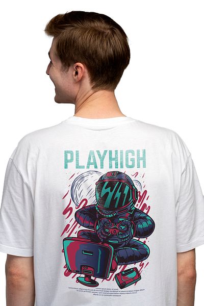 StoryGift Romania Men's T-shirt With Man In Astronaut Suit In Space Playing On Computer, Stg Controller
