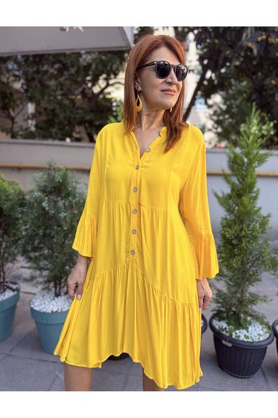 DenizEge L-Ruffle Viscose Dress Yellow