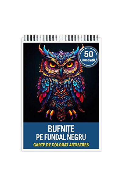 Legendary Gifts Carte de colorat antistres, 50 de ilustrații cu bufnițe pe fundal negru, format A4