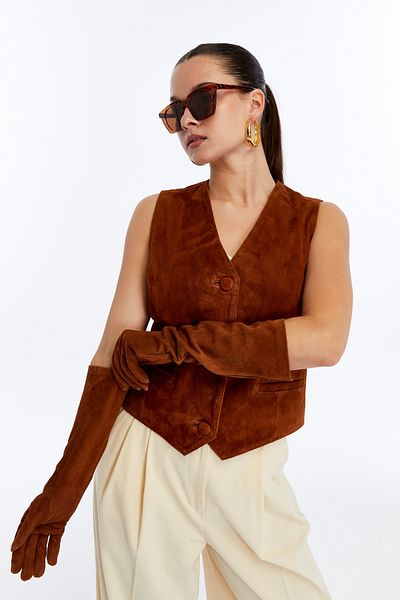 CE-YIL DERİ ÜRÜNLERİ Women's Genuine Leather Suede Long Gloves