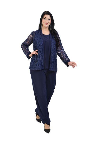 LİLAS XXL Plus Size Navy Blue Colored Lace Jacketed Evening Dress Trousers Blouse Set