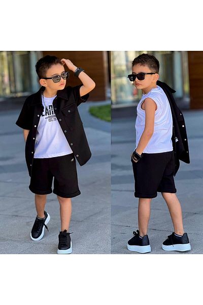 JOYBOY KİDS Cămașă neagră cu clapă de buzunar Set casual de 3 piese Costum sportiv de sărbători pentru băieți