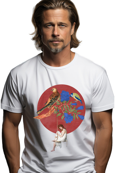 StoryGift Romania Tricou bărbătesc cu artă abstractă, femeie, păsări, leagăn,...