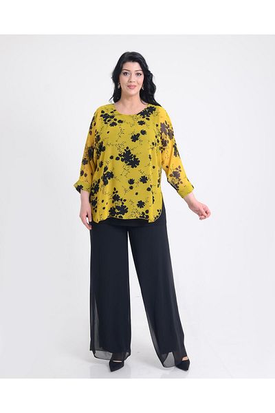 LİLAS XXL Plus Size Yellow Patterned Chiffon Blouse