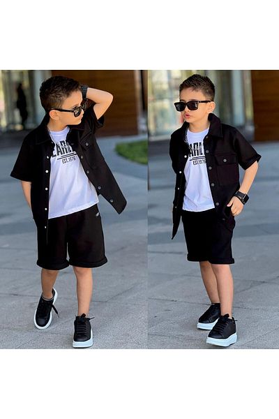 JOYBOY KİDS Cămașă neagră cu clapă de buzunar Set casual de 3 piese Costum sportiv de sărbători pentru băieți