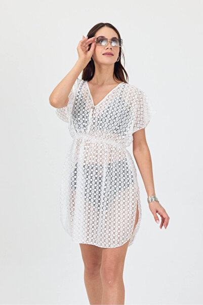 Bysenby BYSEN Simi Optical White Φόρεμα παραλίας με ελαστική μέση με διάτρηση Λευκό