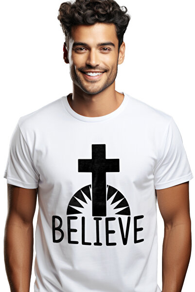 StoryGift Romania Tricou bărbătesc cu o cruce și textul „believe” - Believe R...