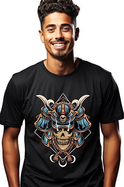 StoryGift Romania Tricou bărbătesc cu cască, samurai, schelet, frânghie, craniu, geometrie, cu imprimeu pe față Stg