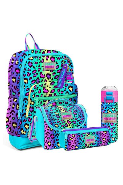 Coral High Kids Colorful 4-Piece School Bag Set (School Bag, Pen Holder, Lunch Box, Water Bottle)