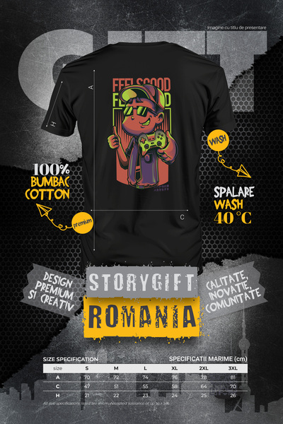StoryGift Romania Tricou bărbătesc cu băiat cu ochelari de soare și șapcă care ține un controller de jocuri video, text Stg