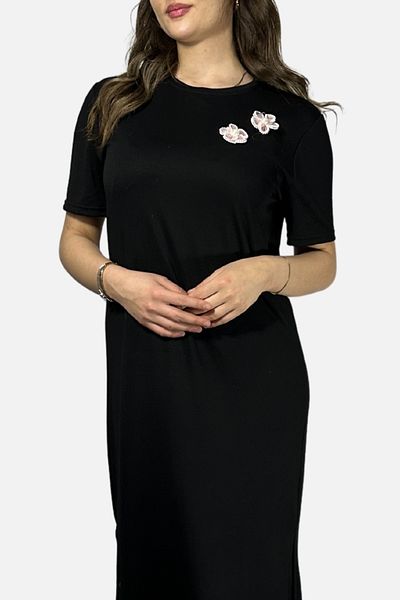 mefru Rochie lungă cu mânecă scurtă din țesătură modal cu detaliu floral pentru femei