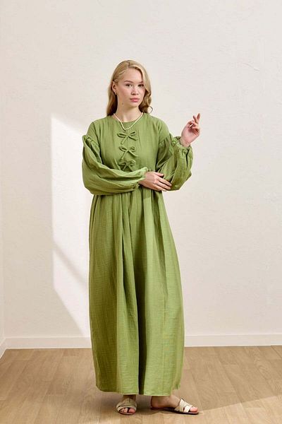 Ceylan Otantik Pistachio Green Muslin Bow Belroba Dress