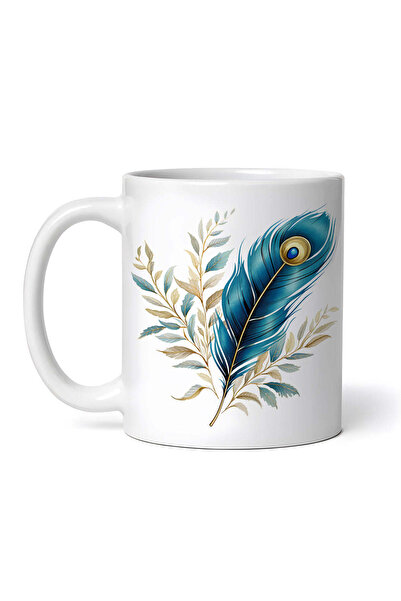 OEM Cană albă personalizată, Pană de Păun, Ochi Albastru, INOVATIX®. 330ml