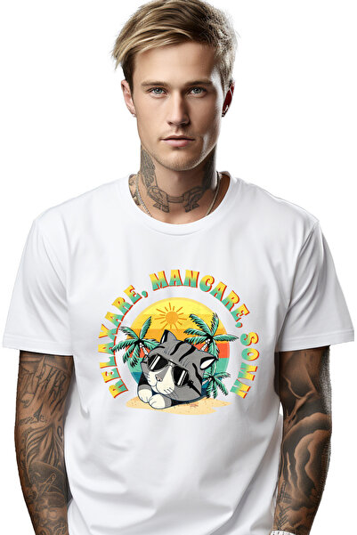 StoryGift Romania Tricou bărbătesc cu pisică în vacanță, text Relax Food Slee...