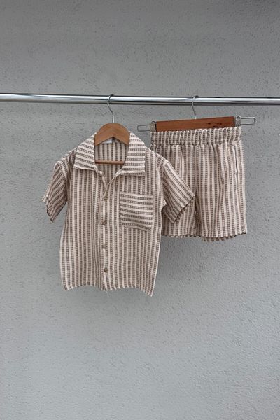 KALBEN ÇOCUK Boy's Brown Striped Muslin Shirt & Shorts Set - 100% Cotton Summer Combination (4-8 Years)