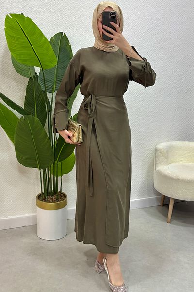 Tesettür Diyarı Khaki Color Women's Hijab Clothing - Skirt and Shirt Set with Side Tie Detail